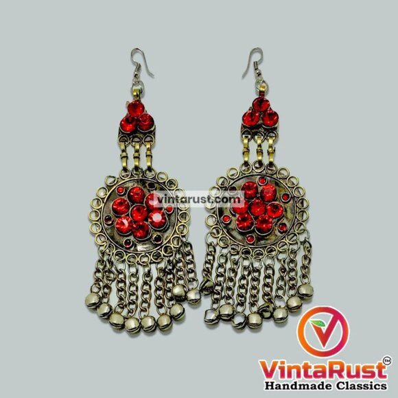 Kuchi Red Dangle Earrings, Massive Ethnic Afghan Earrings, Kuchi Tribal Jewelry - Picture 1 of 10
